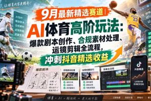 某大佬的9月最新精选赛道之AI体育顶级玩法，爆款剧本创作、版权规避、运镜剪辑全流程，稳拿抖音精选收益