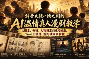 抖音大佬一帧之间的AI温情真人漫剧教学，从剧本、分镜、人物设定到成片输出，作品可上精选、签约独家拿收益