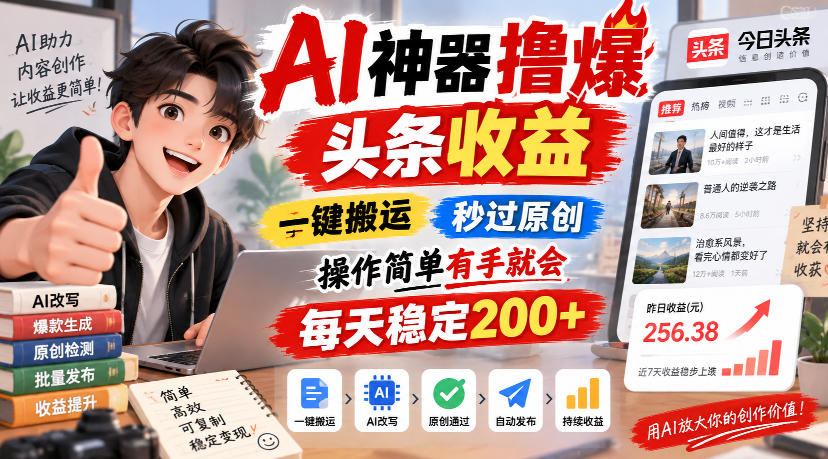 AI神器撸爆头条收益，一键搬运，秒过原创，操作简单有手就会，每天稳定200+【揭秘】