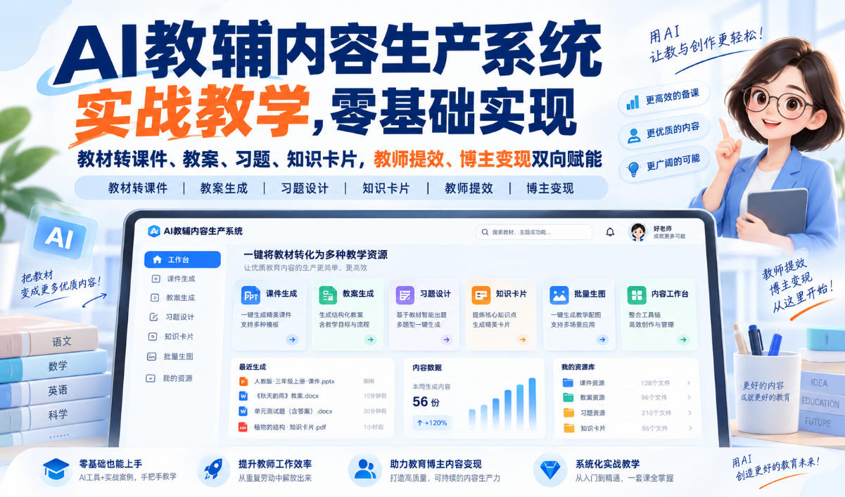 AI教辅内容生产系统实战教学,零基础实现教材转课件、教案、习题、知识卡片,教师提效、博主变现双向赋能