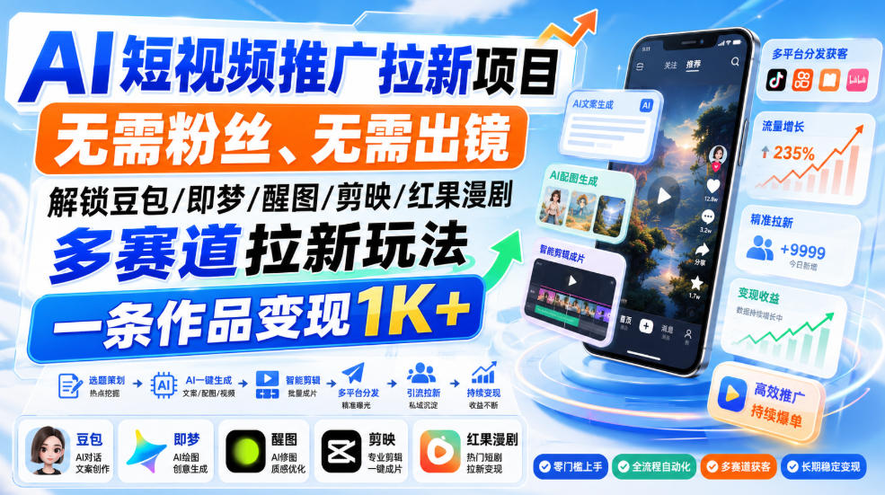 AI短视频推广拉新项目，无需粉丝、无需出镜，解锁豆包/即梦/醒图/剪映/红果漫剧多赛道拉新玩法，一条作品变现1K+（更新0918）