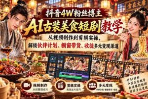 抖音4W粉丝博主AI古装美食短剧教学，从视频制作到剪辑实操，解锁伙伴计划、橱窗带货、收徒多元变现渠道
