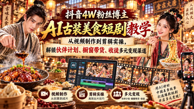 抖音4W粉丝博主AI古装美食短剧教学,从视频制作到剪辑实操,解锁伙伴计划、橱窗带货、收徒多元变现渠道