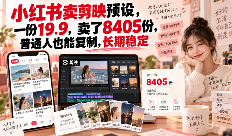 小红书卖剪映预设,一份19.9,卖了8405份,普通人也能复制,长期稳定