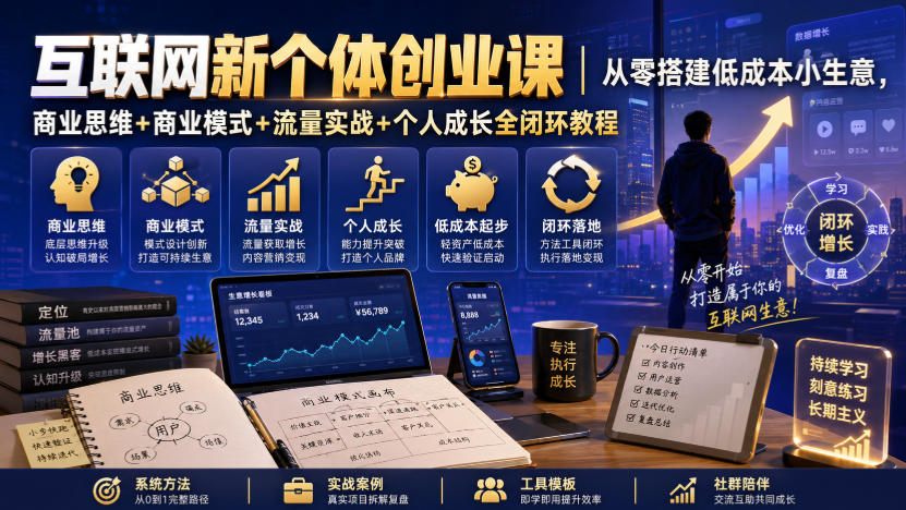 互联网新个体创业课|从零搭建低成本小生意,商业思维+商业模式+流量实战+个人成长全闭环教程(更新0922)