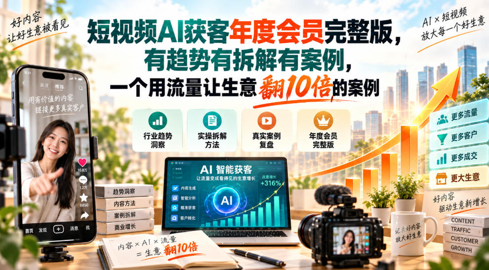 短视频AI获客年度会员完整版，有趋势有拆解有案例，一个用流量让生意翻10倍的案例
