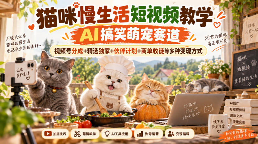 猫咪慢生活短视频教学,AI搞笑萌宠赛道,视频号分成+精选独家+伙伴计划+商单收徒等多种变现方式