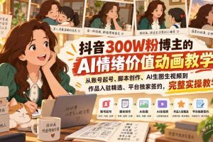 抖音300W粉博主的AI情绪价值动画教学，从账号起号、脚本创作、AI生图生视频到作品入驻精选、平台独家签约，完整实操