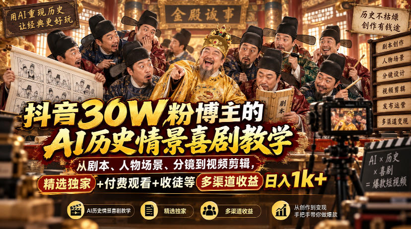 抖音30W粉博主的AI历史情景喜剧教学，从剧本、人物场景、分镜到视频剪辑，精选独家+付费观看+收徒等多渠道收益日入1k+
