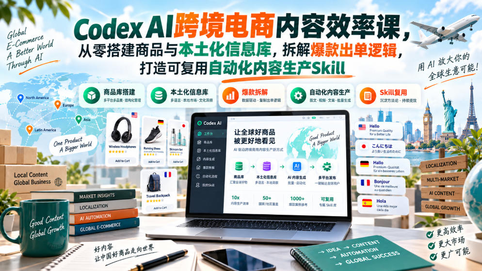 Codex AI跨境电商内容效率课，从零搭建商品与本土化信息库，拆解爆款出单逻辑，打造可复用自动化内容生产Skill