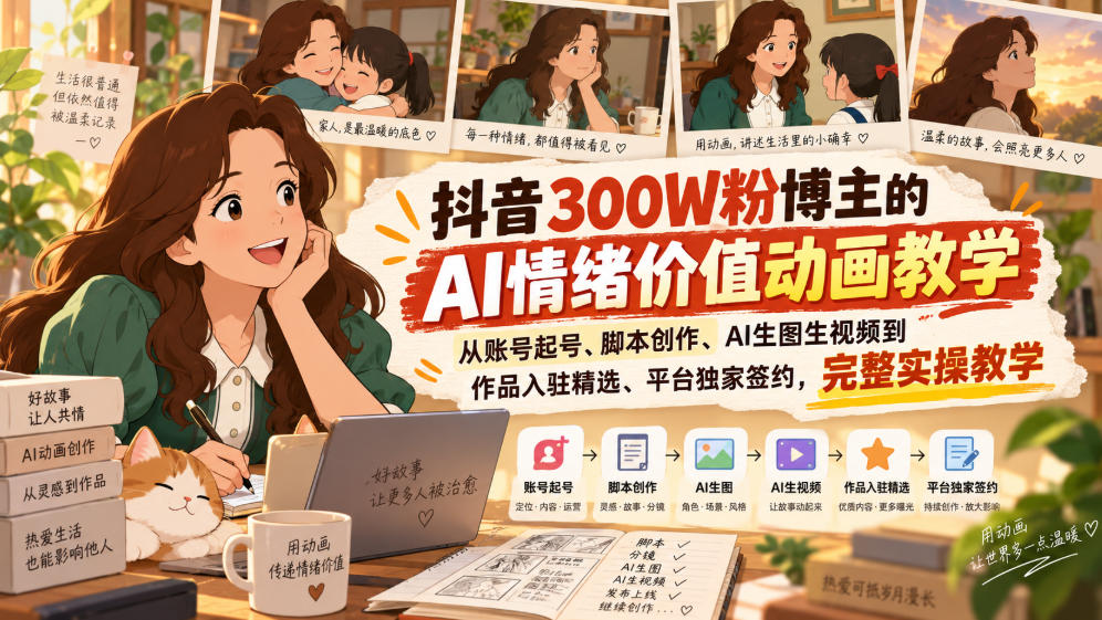 抖音300W粉博主的AI情绪价值动画教学，从账号起号、脚本创作、AI生图生视频到作品入驻精选、平台独家签约，完整实操