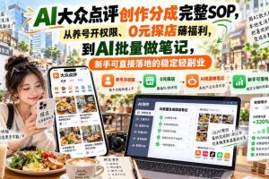 【无水印】AI大众点评创作分成完整SOP，从养号开权限、0元探店薅福利，到AI批量做笔记，新手可直接落地的稳定轻副业