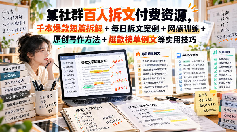 某社群百人拆文付费资源，千本爆款短篇拆解+每日拆文案例+网感训练+原创写作方法+爆款榜单例文等实用技巧(持续更新)
