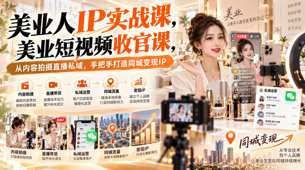 【无水印】美业人IP实战课,美业短视频收官课,从内容拍摄直播私域,手把手打造同城变现IP