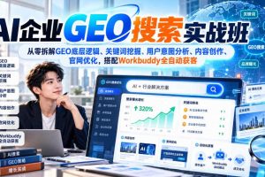 AI企业GEO搜索实战班,从零拆解GEO底层逻辑、关键词挖掘、用户意图分析、内容创作、官网优化,搭配Workbuddy全自动获客