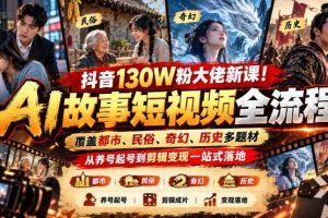 抖音130W粉大佬新课！AI故事短视频全流程，覆盖都市、民俗、奇幻、历史多题材，从养号起号到剪辑变现一站式落地