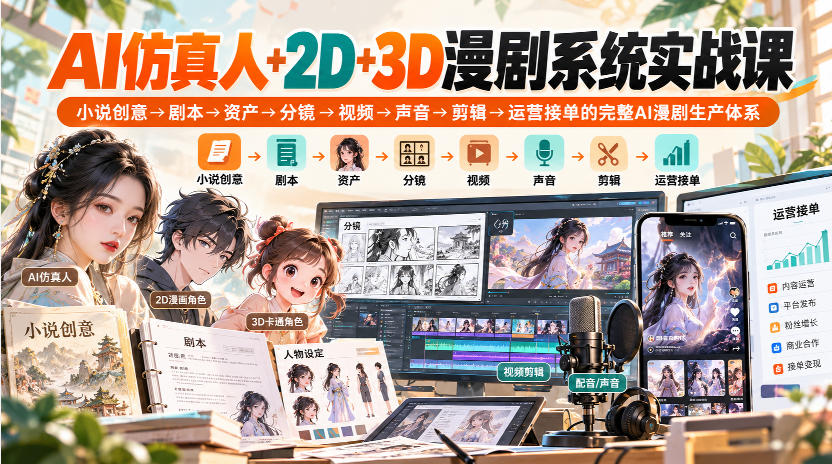 【无水印】AI仿真人+2D+3D漫剧系统实战课,小说创意→剧本→资产→分镜→视频→声音→剪辑→运营接单的完整AI漫剧生产体系
