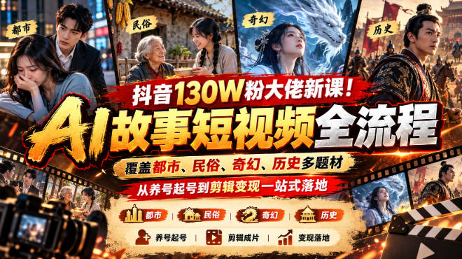 抖音130W粉大佬新课!AI故事短视频全流程,覆盖都市、民俗、奇幻、历史多题材,从养号起号到剪辑变现一站式落地