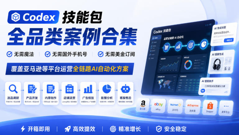 Codex技能包全品类案例合集,无需魔法、无需国外手机号、无需美金订阅,覆盖亚马逊等平台运营全链路AI自动化方案