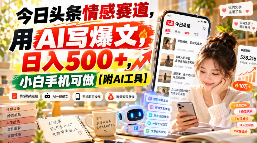 今日头条情感赛道，用AI写爆文，日入500+，小白手机可做【附AI工具】