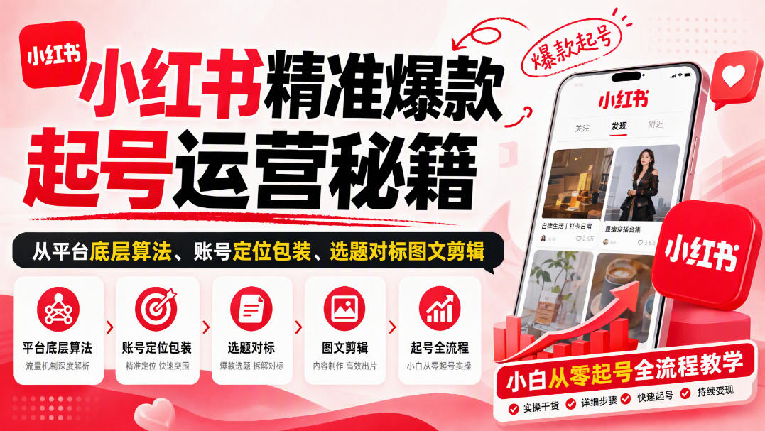 小红书精准爆款起号运营秘籍，从平台底层算法、账号定位包装、选题对标图文剪辑，小白从零起号全流程