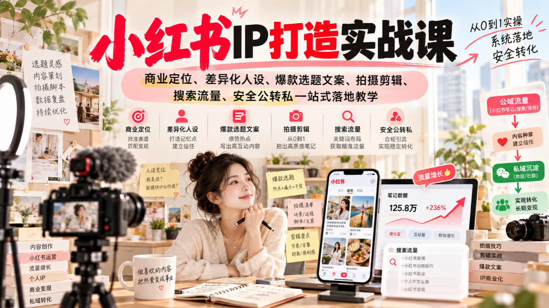 小红书ip打造实战课，商业定位、差异化人设、爆款选题文案、拍摄剪辑、搜索流量、安全公转私一站式落地教学