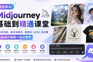 轻松学AI Midjourney基础到精通课堂，从账号注册、指令关键词，到面料LOGO角色等商业设计案例一站式教学