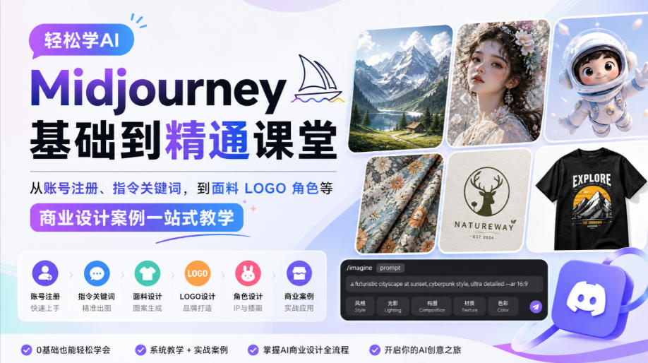 轻松学AI Midjourney基础到精通课堂,从账号注册、指令关键词,到面料LOGO角色等商业设计案例一站式教学