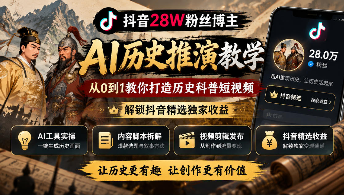 抖音28W粉丝博主的AI历史推演教学,从0到1教你打造历史科普短视频,解锁抖音精选独家收益