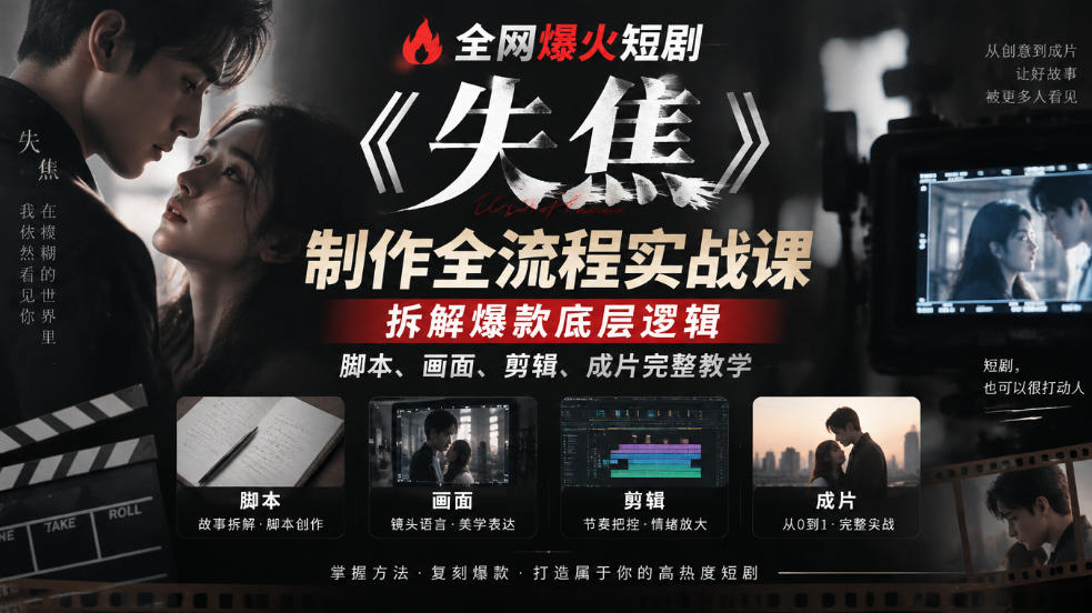 全网爆火短剧《失焦》制作全流程实战课|拆解爆款底层逻辑,脚本、画面、剪辑、成片完整教学