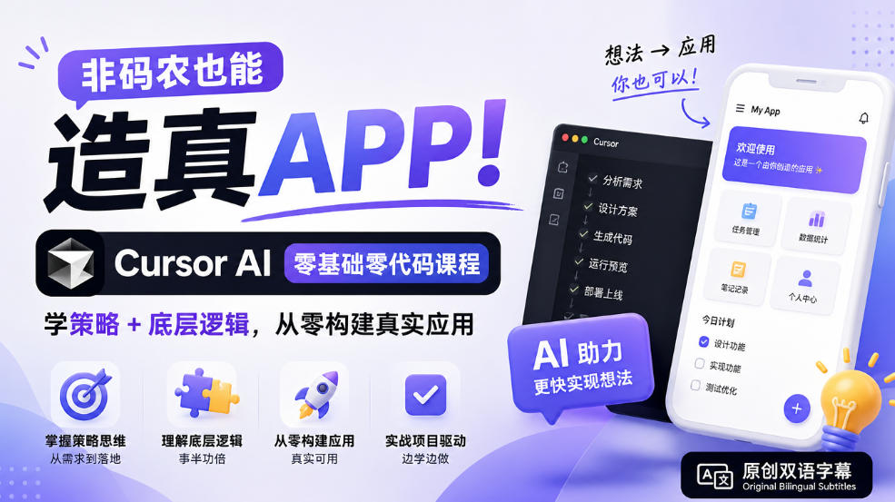 非码农也能造真APP!Cursor AI零基础零代码课程:学策略+底层逻辑,从零构建真实应用【原创双语字幕】