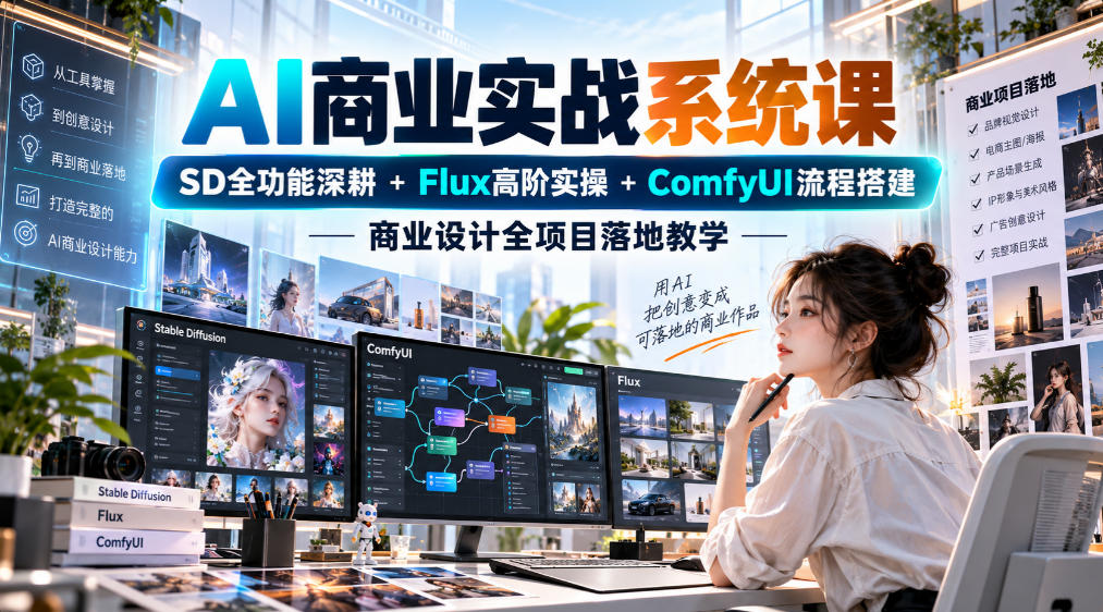 AI商业实战系统课|SD全功能深耕+Flux高阶实操+Comfyui流程搭建,商业设计全项目落地教学