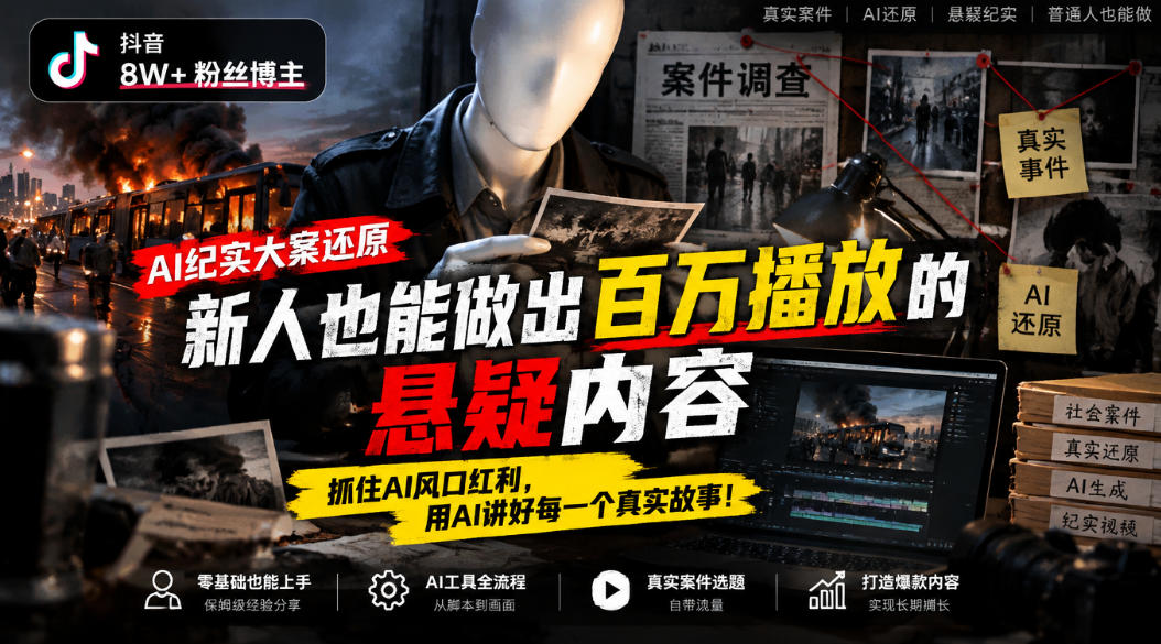 抖音8W粉丝博主的AI纪实大案还原教学,新人也能做出百W播放的悬疑内容,抓住AI风口红利,用AI讲好每一个真实故事