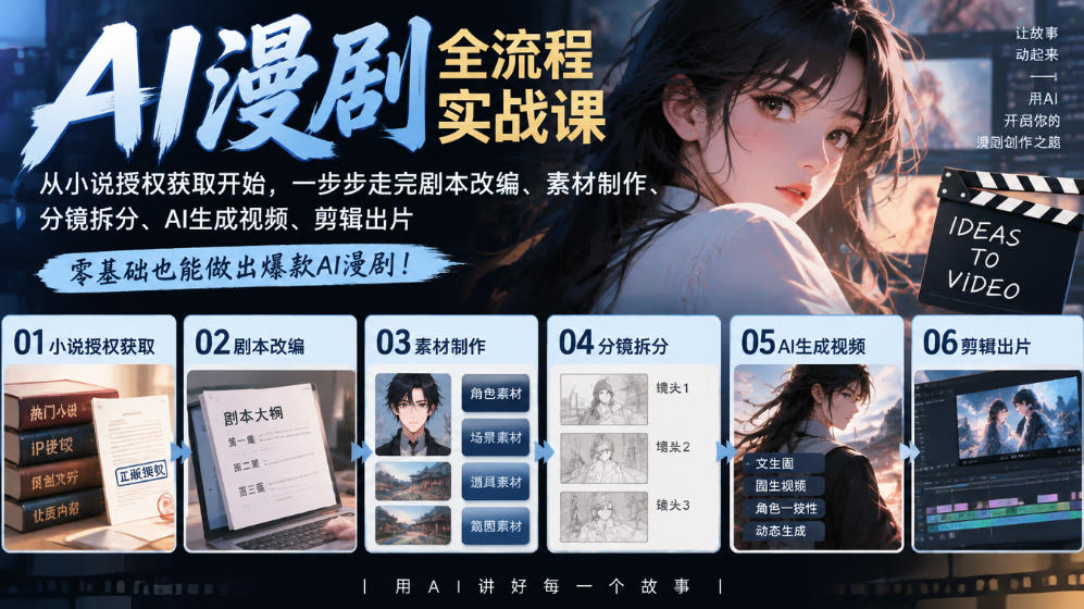 AI漫剧全流程实战课｜从小说授权获取开始，一步步走完剧本改编、素材制作、分镜拆分、AI生成视频、剪辑出片全流程