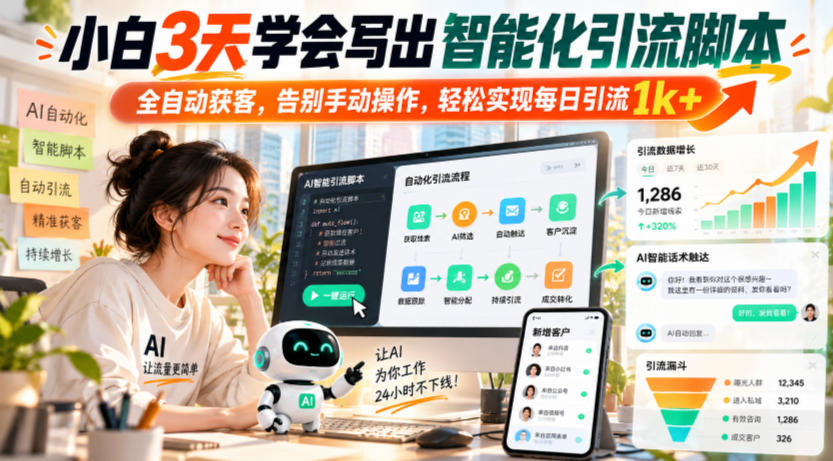 小白3天学会写出智能化引流脚本，全自动获客，告别手动操作，轻松实现每日引流1k+