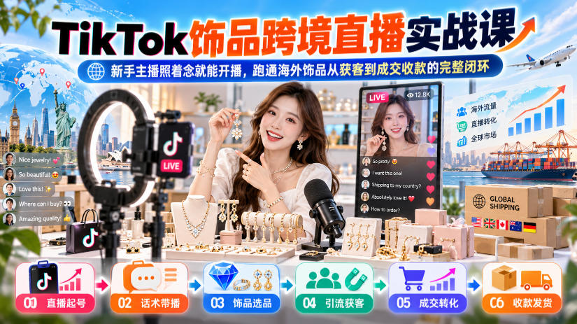 TikTok饰品跨境直播实战课,新手主播照着念就能开播,跑通海外饰品从获客到成交收款的完整闭环