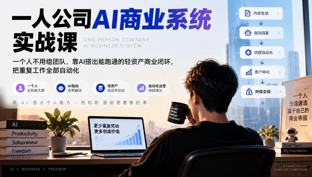 一人公司AI商业系统实战课,一个人不用组团队,靠AI搭出能跑通的轻资产商业闭环,把重复工作全部自动化