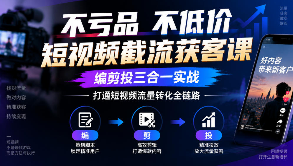 不亏品不低价短视频截流获客课,编剪投三合一实战,打通短视频流量转化全链路