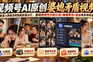视频号ai原创婆媳矛盾视频，普通人跟着流程就能批量出片，解锁视频号分成计划+橱窗带货+收徒等多种收益