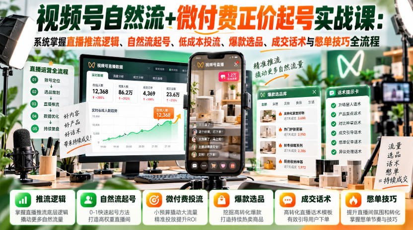 视频号自然流+微付费正价起号实战课:系统掌握直播推流逻辑、自然流起号、低成本投流、爆款选品、成交话术与憋单技巧全流程