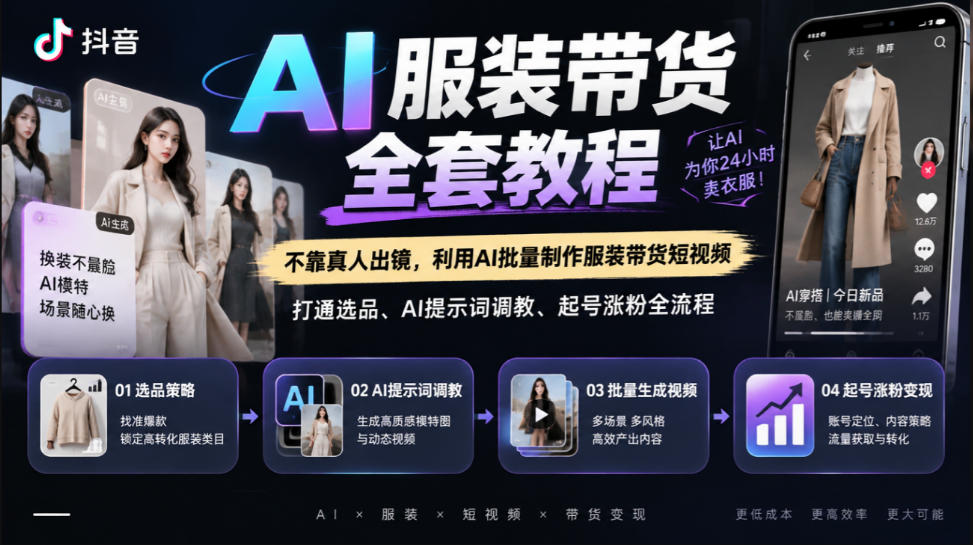 抖音AI服装带货全套教程,不靠真人出镜,利用AI批量制作服装带货短视频,打通选品、AI提示词调教、起号涨粉全流程