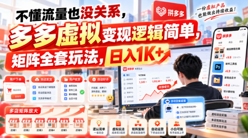 不懂流量也没关系,多多虚拟变现逻辑简单,矩阵全套玩法,日入1K+【揭秘】