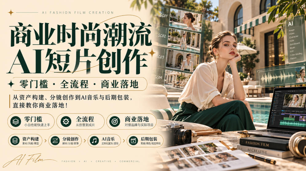 商业时尚潮流AI短片创作|零门槛・全流程・商业落地,从资产构建、分镜创作到AI音乐与后期包装,直接教你商业落地!