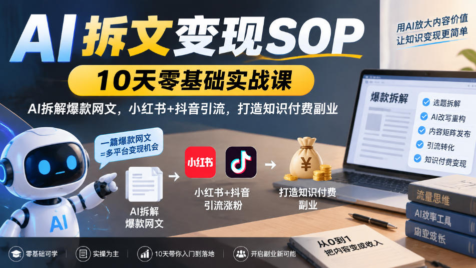 AI拆文变现SOP|10天零基础实战课,AI拆解爆款网文,小红书+抖音引流,打造知识付费副业