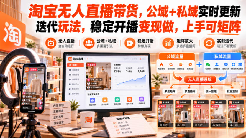 淘宝无人直播带货，公域+私域实时更新迭代玩法，稳定开播变现做，上手可矩阵【揭秘】