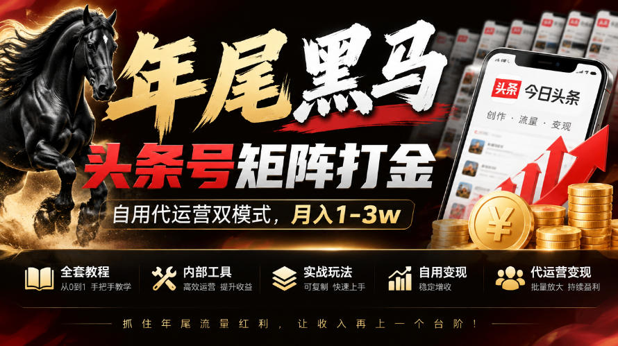 【年尾黑马】头条号矩阵打金,自用代运营双模式,月入1-3w,附全套教程及内部工具【揭秘】