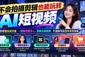 (21100期)不会拍摄剪辑也能玩转AI短视频:教你智能生成文案、一键制作数字人、剪映合成视频、打造账号及挂车带货实操