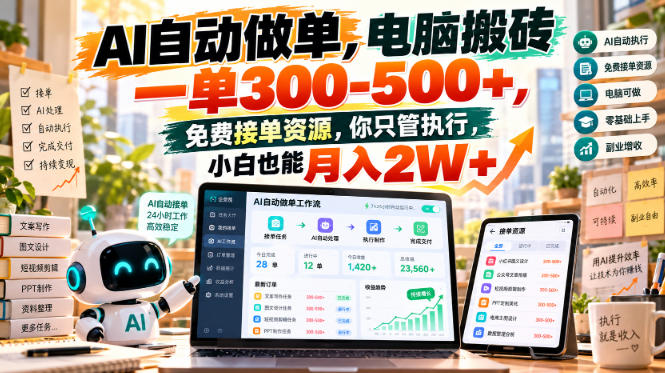 AI自动做单,电脑搬砖一单300-500+,免费接单资源,你只管执行,小白也能月入2W+【揭秘】