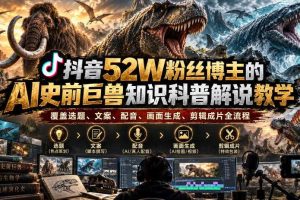 抖音52W粉丝博主的AI史前巨兽知识科普解说教学,覆盖选题、文案、配音、画面生成、剪辑成片全流程