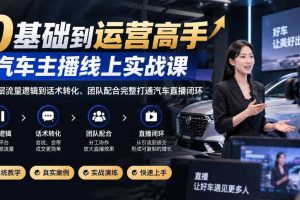 0基础到运营高手,汽车主播线上实战课,从底层流量逻辑到话术转化、团队配合完整打通汽车直播闭环